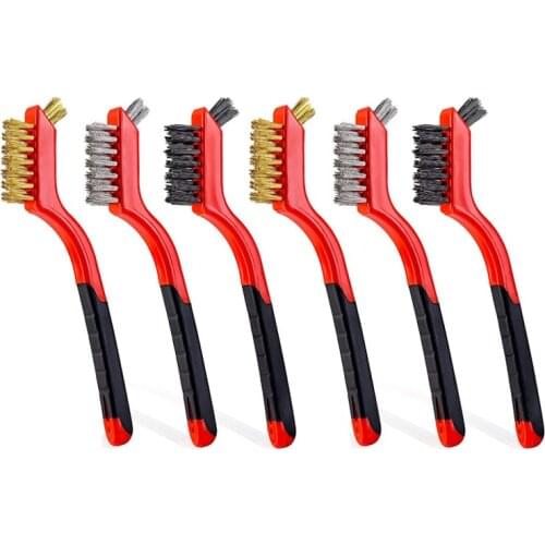6 PCS Wire Brush Set-Brass/Nylon/Stainless Steel Bristles Cleaning Brush with Soft Comfortable Handle for Rust, Dirt