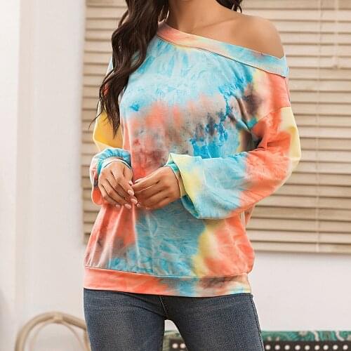 New Womens Jacket Tie-dyed Printed Slant Collar Long Sleeve Pullover Loose Sweater Hoodie Womens Winter Tops