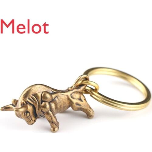 Lucky Vintage Handmade Pure Copper Cow Keychain Pendant Chinese Zodiac Cow Feng Shui Copper Cattle Car Key Ring