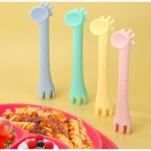 Silicone Training Spoons Giraffe Bpa Free 1Pcs Feeder Fork Two In One Safety Tableware Infant Learning Spoons Teether Utensil