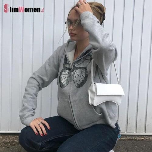 Butterfly Graphic Rhinestone Zip Up Hoodies E-girl 90s Streetwear Diamond Grey Loose Long Jacket Y2K Sweatshirt Oversized Autumn