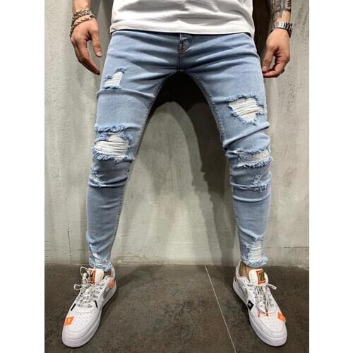 EuHight Street Mens Slim Small Feet Broken Hole Jeans Trousers Fashionable Youth Classic Style Large Size Denim Pants