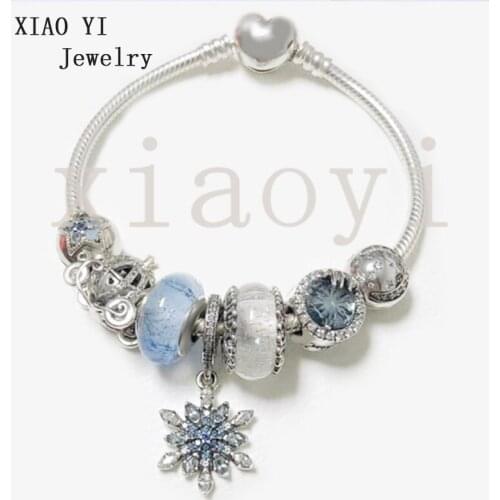 XIAOYI 2020 New 100% S925 Blue snowflake glass carriage cat eye star fashion style diy custom bracelet wedding party female