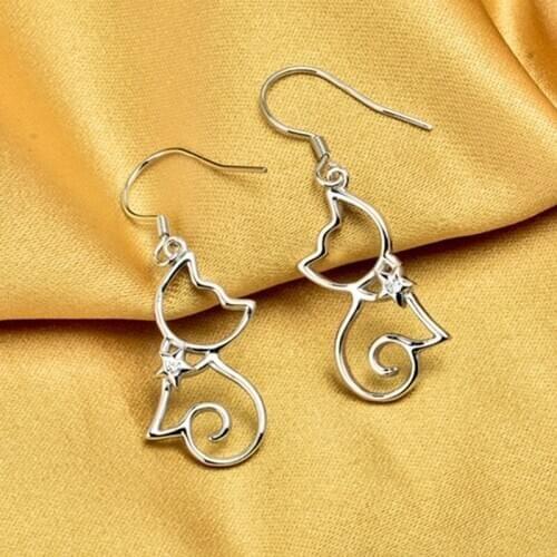 Female Silver Plated Hollow Cat Earrings Cute Cat Stars Zircon Hook Earrings Girls Simple Daily Earrings for Women Jewelry Gifts
