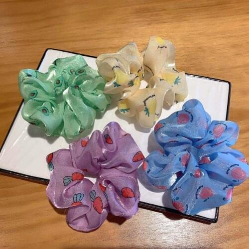 Japan Kawaii Style Womens Cute Fruit Print Organza Hair Scrunchies Ponytail Holder Head deco Elastic Hair Ties Ring