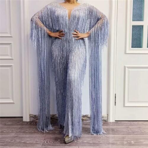 T93 Ballroom dance costume female evening dress long tassels sleeve party wear sequins Siamese trousers rhinestone wide pants dj