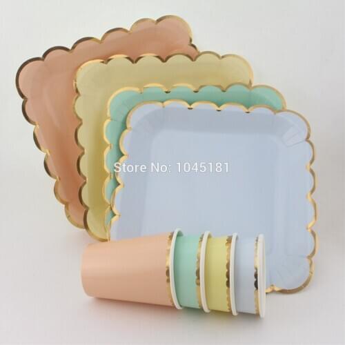 9inch Square Paper Canape Plates and 9oz Party Paper Cupcake Cups Gold Tableware Set Pastel Pink Blue Mint Yellow for Decoration