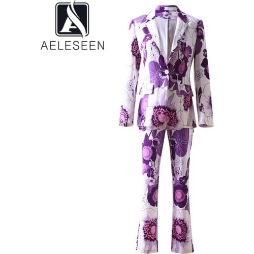 AELESEEN Office Ladies 2 Pieces Sets Designer Fashion Autumn Winter Elegant Blazers +Full-Lenght Pants Purple Flower Print Suits