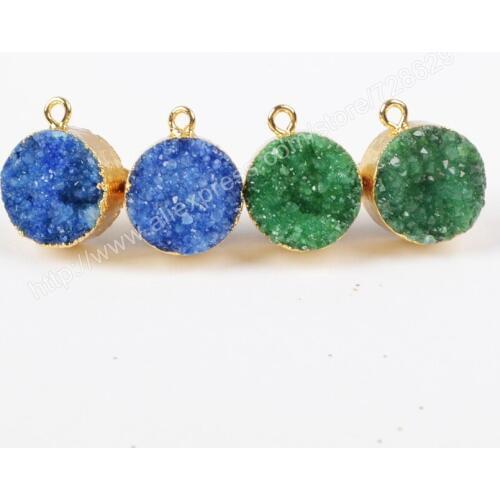 BOROSA Gold Color 12mm Green or Blue Color Round Crystal Druzy Ear Stud Post Earrings G1021