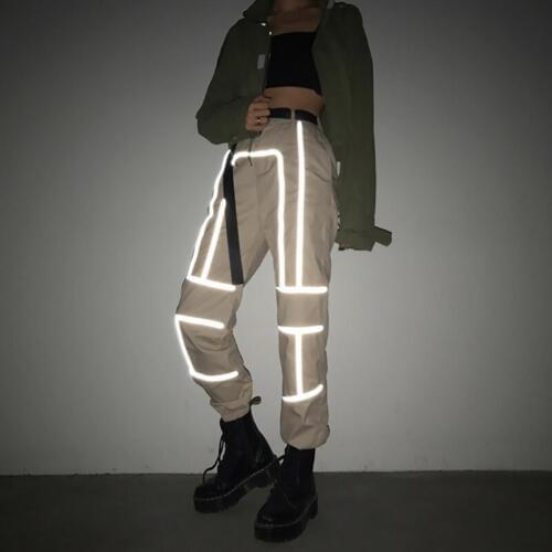 Fashion Women Street Reflective Patchwork Cargo Pants 2019 New Arrival Female Loose Casual Sashes Pocket Trousers pantalon femme