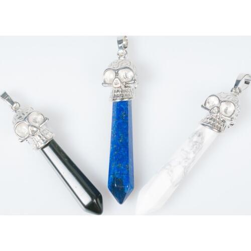 Natural Gem Stone Skeleton Skull Drop Pendulum Pendant Necklace Chain Men Women Jewelry Gift Pink Purple Clear Crystal D686—D688