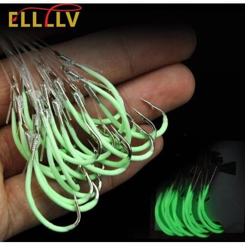 30/20/15/10pcs Maruseigo Luminous Hook With Wire Line Tied Glow Soft Worm Hook For Snapper Grouper Saltwater Fishing 14 sizes
