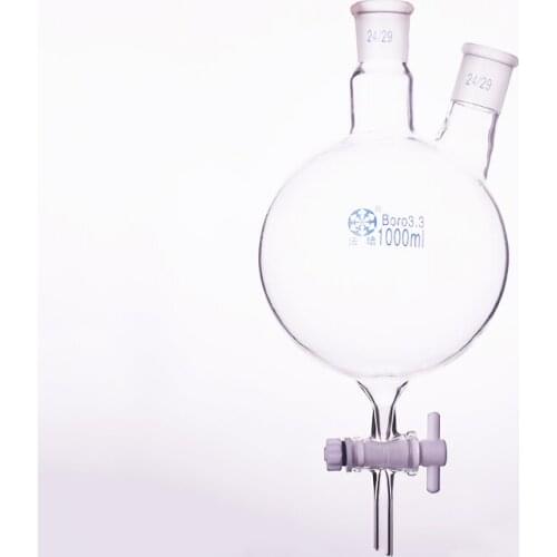 Two-necked flask oblique shape,With PTFE switch valve,Capacity 1000ml,Middle joint 24/29,Lateral joint 24/29,Separatory funnel