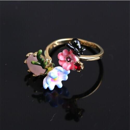 European and American Cold Wind Fashion Monets Garden Large Size Ring Enamel Glaze Butterfly Green Leaf Pink Flower Open Ring