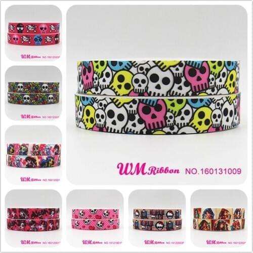 Q&N ribbon 7/8inch 22mm monster high skull printed grosgrain ribbon 50yds/roll free shipping for hair bow hair tie headband