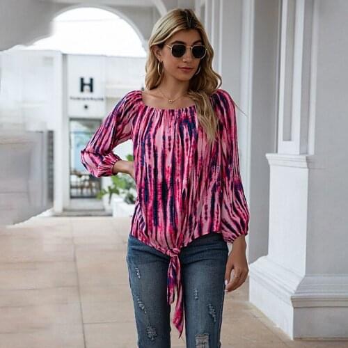 Summer Slash Neck Tie Dye Off Shoulder Long Sleeve Bandage Tops Shirt Women Casual Streetwear Vintage Plus Size Blouses