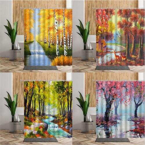 Oil Painting Landscape Shower Curtain Tree Forest River Bath Decor Accessories 3D Woods Scenery Backdrop Cloth Bathroom Curtains