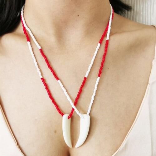 Fashion Blue Red White Color Handmade Beaded Long Link Necklace Vintage Resin Ivory Pendant Choker Necklace Women Collar Jewelry