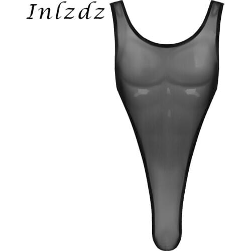 Mens Lingerie Tank Wrestling Singlet Bodysuit See Through Sheer Mesh Lingerie Deep U Neck Sleeveless High Cut Leotard Jumpsuit