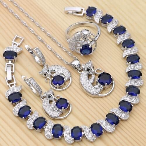 925 Silver Jewelry Kits For Women Blue Cubic Zirconia Fox Shape Ring Bracelet Pendant Earrings Necklace Set