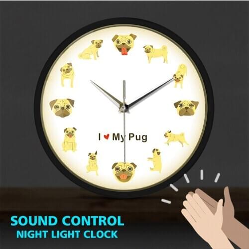 I Love My Pug Dog Modern Design Metal Frame LED Wall Clock Sound Activated Puppy Pet Shop Home Decor Wall Watch Pug Lover Gift