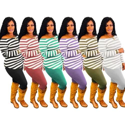 Casual Striped Print Slim Two Piece Set Women O Neck Long Sleeve Irregular T Shirt Top + Leggings Bodycon Lounge wear Tracksuit