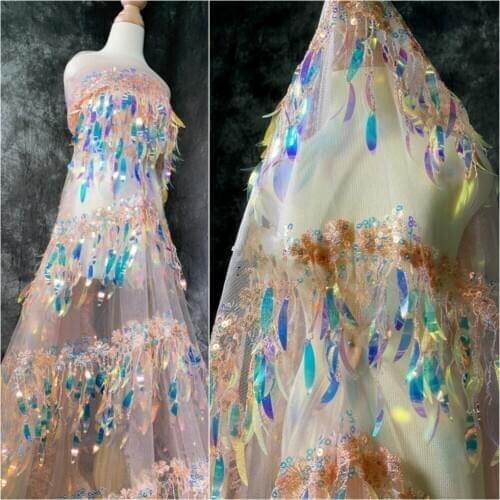 Pink designer gradient color magic color fashion fabric tassel sequins laser clothing mesh dress fabric