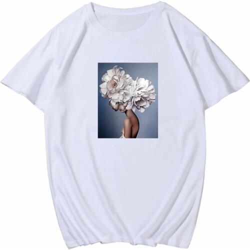 Sexy Flowers Feather Print Harajuku T Shirt Women Fashion Tshirt O-neck Short Sleeve T-shirt White Tops Female Clothing Cool