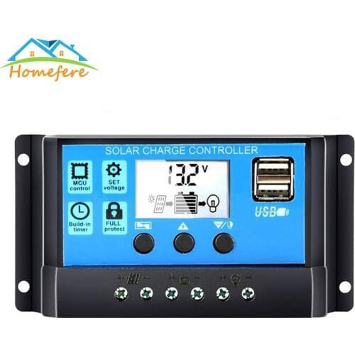Solar Controller 12V/24V Auto Solar Charge Controller 30A/20A/10A WM Controllers LCD Dual USB 5V Output Solar Panel PV Regulator