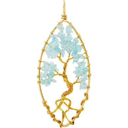 SUNYIK Blue Crystal Chips Stone Oval Tree of Life Pendant,Handmade Wire Wrapped Healing Jewelry