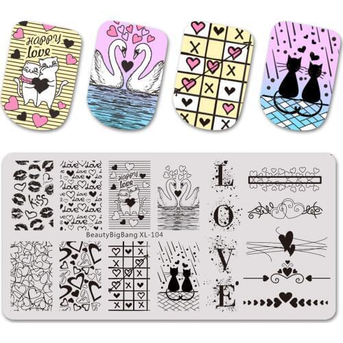 BeautyBigbang Nail Stamping Plates New Cute Swan Cat Lips Heart Sweet Pattern Nail Art Stamps Template XL-104