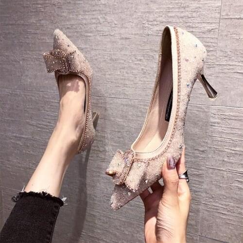 Crystal stiletto bridal wedding shoes spring 2021 rhinestone banquet dress large size small size pointed single shoes women