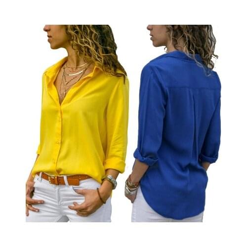 Lapel All-match Bottoming Shirt Blouses Button Solid Spring Summer Long Sleeve Shirt Female Chiffon Womens Slim Clothing Tops