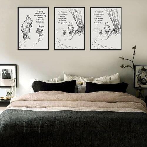 WTQ Winnie The Pooh Quotes Wall Art Canvas Painting Posters Prints Classic Cartoon Movie Black White Picture Kids Room Decor