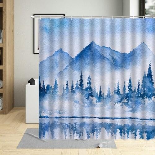 Chinese Style Shower Curtain Watercolors Mountain Water Scenery Autumn Landscape Illustration Art Bathroom Bathtub Waterproof