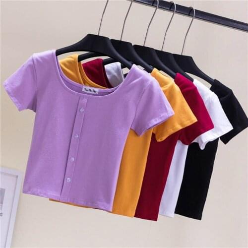 2021 New Version Of Exposed T-shirt Female Summer Bottoming Shirt Short Short-sleeved Exposed Collarbone Square Collar High