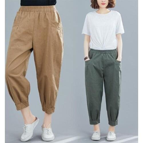 2021 Women Spring Summer Elegant Cotton Linen Pant Ladies Solid Elastic High Waist Harem Trousers Female Casual Solid Pants D907