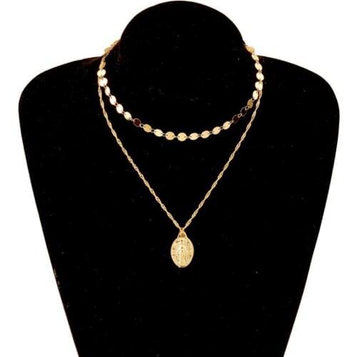Women Stylish Double Layer Engraved Round Pendant Adjustable Chain Necklace
