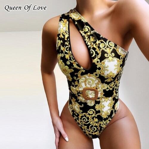 2021 Summer Fashion Elegant Vintage Print Bodysuit Tops Women Sexy One Shoulder Sleeveless Hollow Out Playsuits Chic Beach Shirt