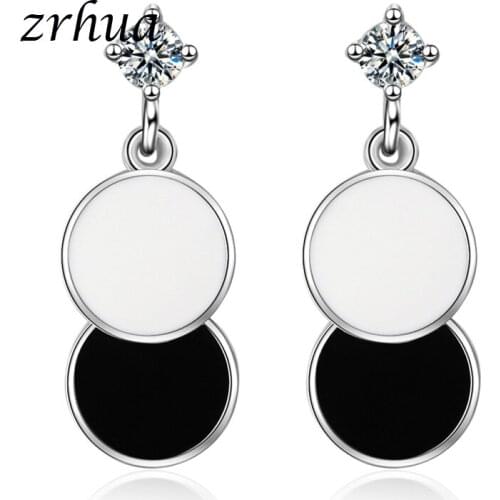 ZRHUA Women Double Round Drop Earrings Silver Color AAA Zircon Female Earrings Jewelry Classic Engagement Brincos