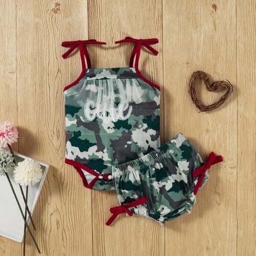 2021 Baby Girl’s Clothes Summer Two Piece Set Newest Fashion Camouflage Letter Camisole/Vest and Triangle Short Pants 0-12M