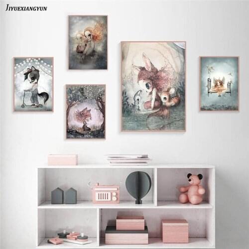 Home Decor Nordic Canvas Painting Wall Art Rabbit Girl Animal Kid Bedroom Living Room Poster Picture Girl Bedroom Decoration