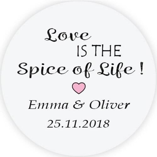 DouxArt 100pcs 4cm Custom Personalized Wedding Stickers - Love is the spice of life Party Invitation Label Communion P109