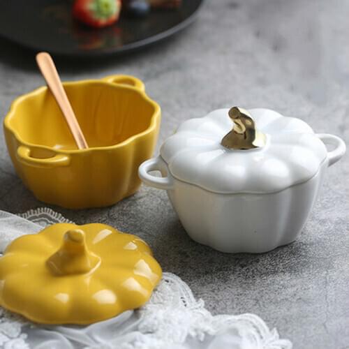 1/2PCS With Lid Ceramic Pumpkin Bowl Handle Salad Fruit Soup Lid Bowl Home Kitchen Microwave Oven Exquisite Decorative Tableware