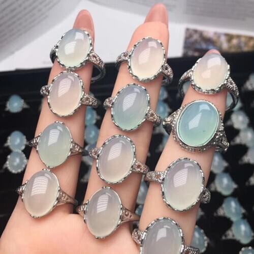MOONROCY Silver Color Chalcedony Rings Light Blue Oval Opal Vintage Party Ring for Women Gift Dropshipping Jewelry Wholesale