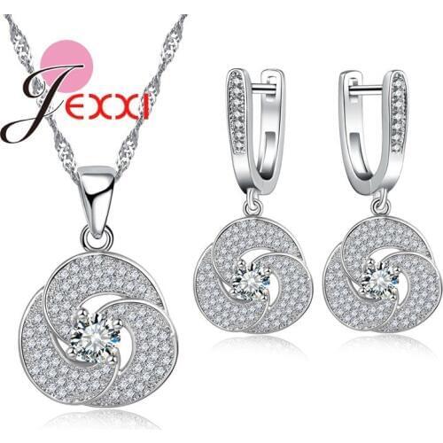 Fast Shipping Spiral Pattern Flower Shape Necklace And Earrings Set Fashion Silver Chain Rhinestone Crystal Women Jewery