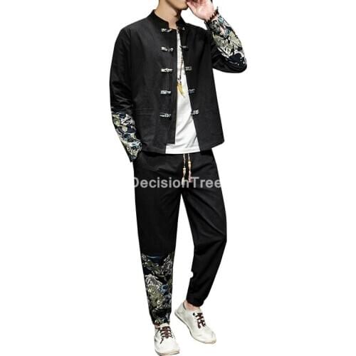 2021 chinese wind cotton&linen tang suit men kung fu martial arts uniforms hanfu meditation clothing kimono jacket+pants set