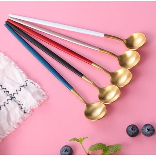 Spoon Small Glod Silver Stainless Steel Round Tea Coffee Spoon For Yogurt Ice Cream Dessert Long Handled Spoon Cutlery Kitchen
