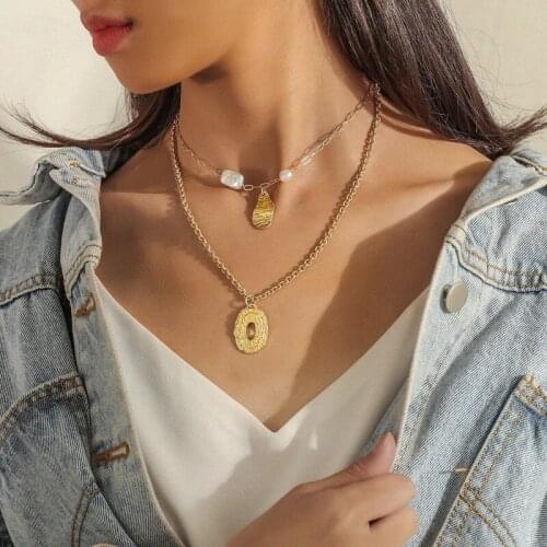 Minar Stylish Irregular Pearl Pendant Necklace for Women Gold Color Geometric Coin Twist Rope Chains Chokers Necklaces Jewellery