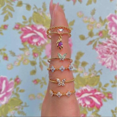 Minimal Gold Color Pink Color Heart CZ Cubic Zirconia Cute Lovely Animal Charm Fashion Women Finger Ring Adjusted Open Size